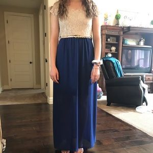 LONG lacey tan and blue formal dress